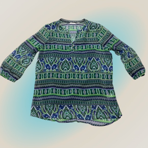 Liz Claiborne Tops - Liz Claiborne Womens Green Blue Paisley Print 3/4 Sleeve Blouse Top Size M